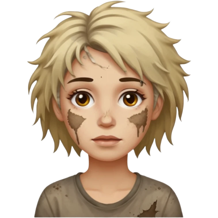 very dirty looking homeless woman very very dirty and smelly looking face only, not old with grey smudges everywhere and messy hair and lots of stains on face ugly and smudged face on forehead and chin emoji