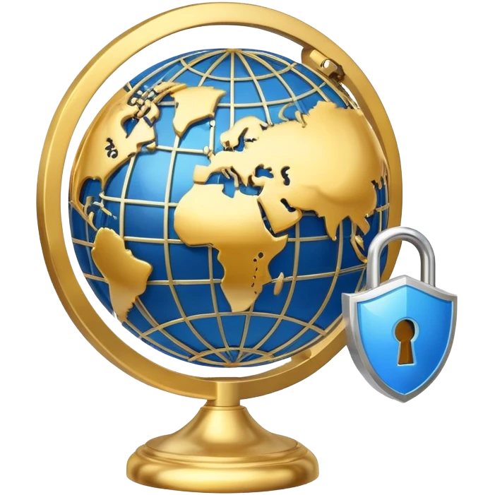 A secure network icon with shield and lock protecting a globe with network connections emoji