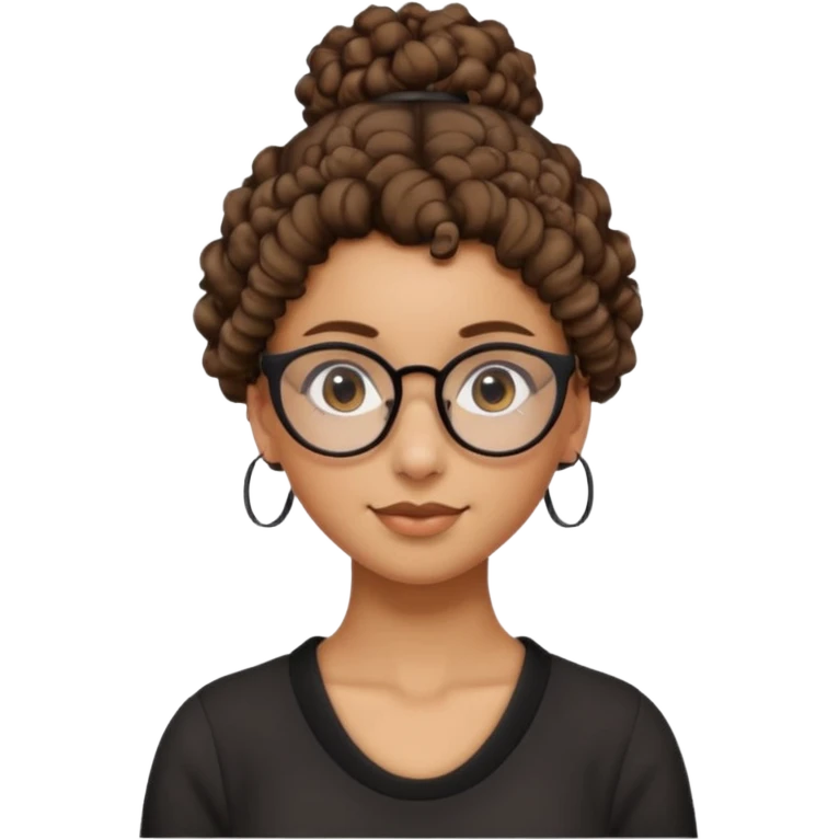 un chica con pelo rizado el peinadpo: un recogido osea todo el pelo recogido menos dos mechones alante que le llega hasta el cuello. luego pil un poco morena ojos marrones y tiene gafas negras y son exagonales pero un poco redondeadas.  emoji