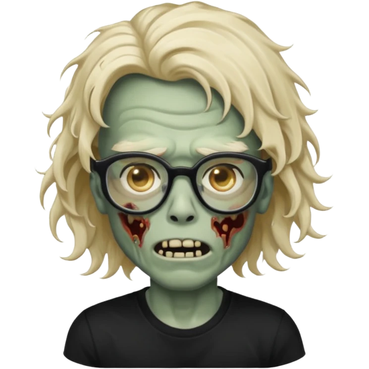 A zombie boy with long, wavy, falling hair, non-oval glasses, and a black t-shirt. emoji