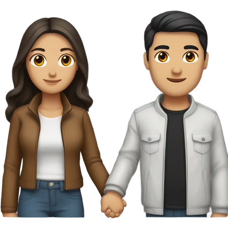 a couple holding hands. the guy has black middle part hair and is Persian and Filipino mix, wearing a jacket. the girl has brown hair white and asian mix, wearing a crop top. emoji