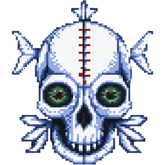 pixel art fish skull logo with X eyes and bone elements emoji