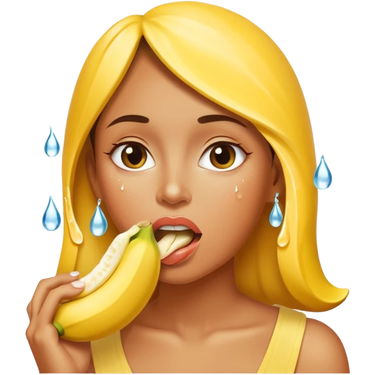 A photo of a woman putting a half-peeled banana into her mouth, water dripping from her lips.. emoji