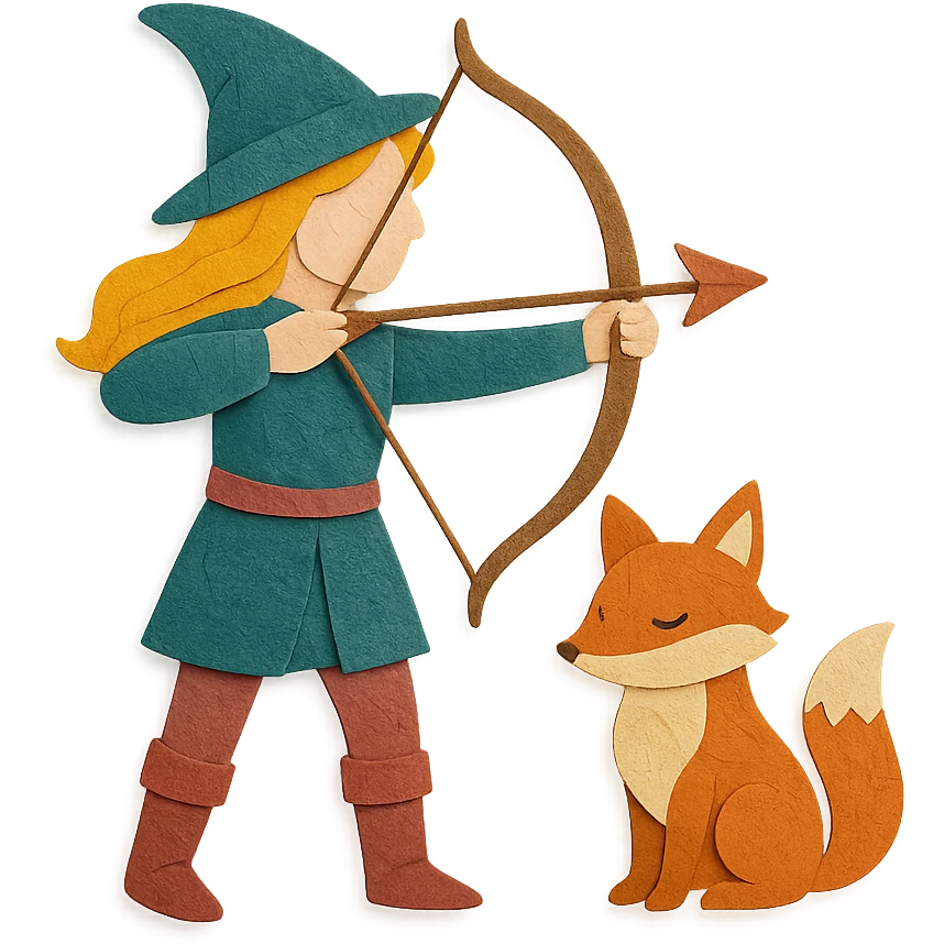 archer and fox together, paper craft style, whimsical fairytale, inspired by 'Once Upon a Broken Heart' emoji