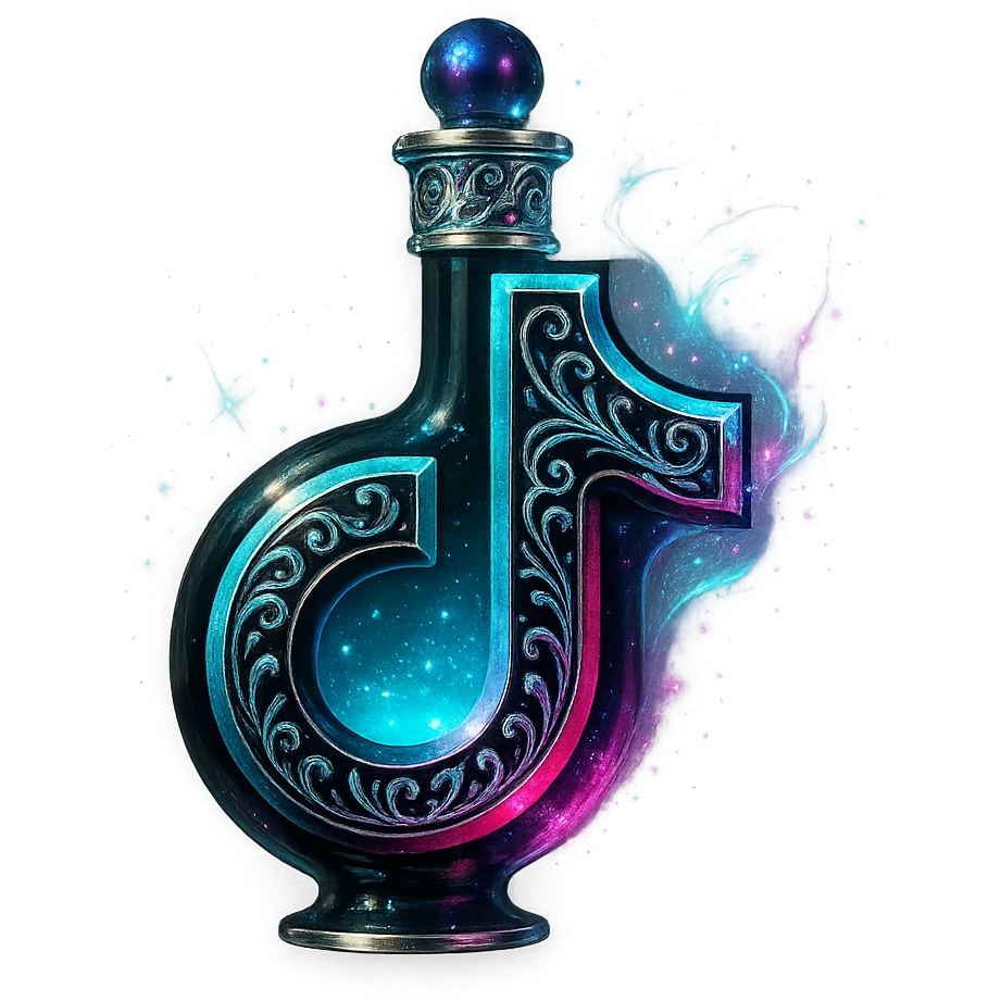 modernus prabangus eliksyro buteliukas, TikTok logotipo forma, juoda, žydra ir rožinė spalvos, holografiniai ir sidabriniai ornamentai, stiprūs magiški švytėjimai ir efektai, labai mažas kaklelis, skaidrus fonas, vientisas dugnas, be šešėlio, plūduriuoja ore, kolekcijos stilius emoji