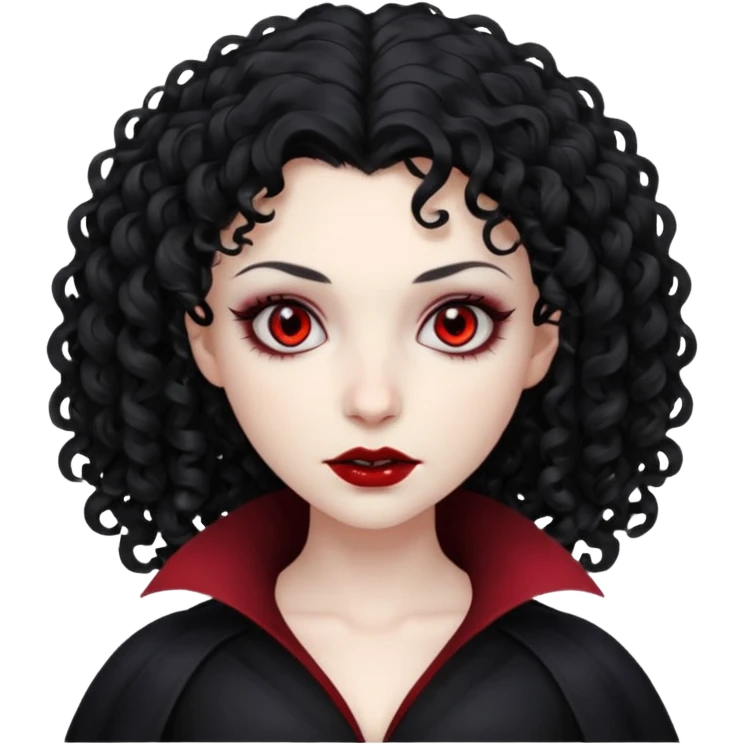 cabelos cacheados pretos, corte em camadas, pele pálida, olhos vermelhos escuros, vampiro, sexo feminino emoji