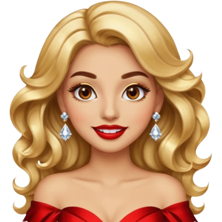 “Emoji girl, glamorous smile, shimmering gold eyeshadow, bold red lips, voluminous waves, dramatic lashes, wearing diamond earrings and gold gown.” emoji
