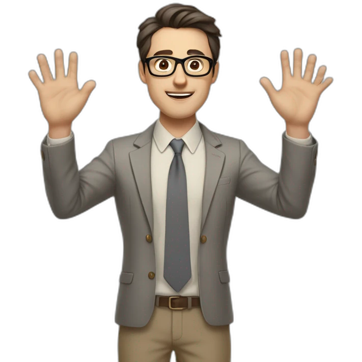 Full height Actively gesturing with hands Pale skinned fit man with dark brown hair in gray jacket, beige office shirt, brown tie, brown pants and vintage glasses. emoji