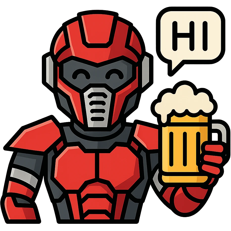 Sector from Mortal Kombat, robotic cyborg with red and silver armor, holding a beer mug, cheerful expression, speech bubble saying 'HI' emoji