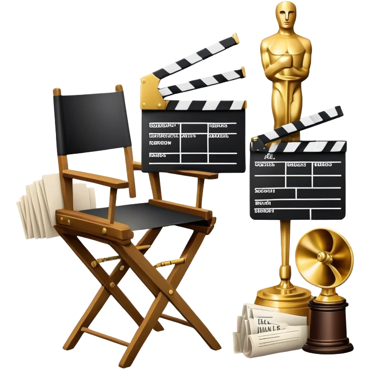 Icon for Directing: professional collage with director's chair, a film slate, a megaphone, a stack of script papers and an Oscar statuette. The icon should represent the creative and leadership aspects of directing, with focus on film and theater production. Transparent background. emoji