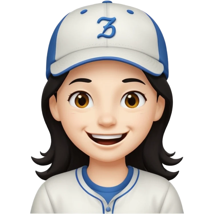 Digital illustration of a cartoon character with a big smile on its face and whinking. The character has long dark hair and is wearing a white baseball cap and casual clothes. The overall style of the illustration is cute and playful. emoji