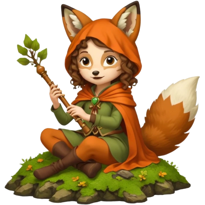 forest sticker character, woman with curly brown hair dressed as fox bard, tail cloak and ear hood, sitting on moss playing flute emoji