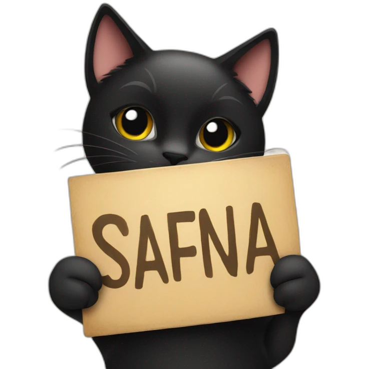 Black cat holding a sign with the inscription “Safina” emoji