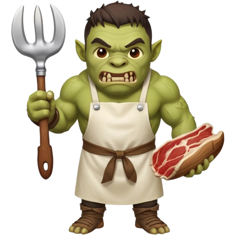 orc make Apron with "Kiss the Cook" (scratched out, replaced with "Fear the Cook"), giant rib bone as a weapon. emoji