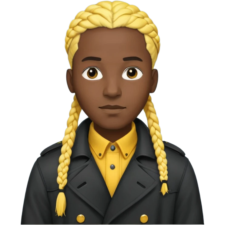 black fat man with yellow braids wearing a black trench coat, working coat check emoji