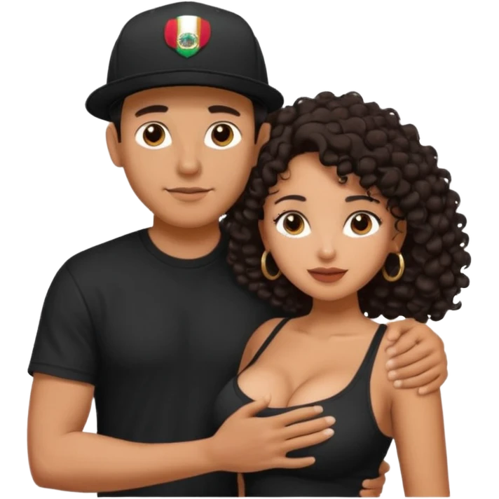 A picture of an embracing tanned couple. the man is a Mexican man with tanned skin, with a bald hair cut wearing a SnapBack hat and a black shirt. the woman has curly dark brown hair and with big naked boobs emoji