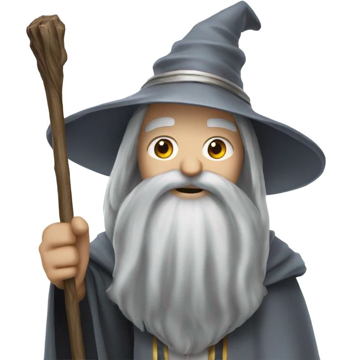 Wizard with long grey beard and silver and grey robes, holding a wooden stick  emoji