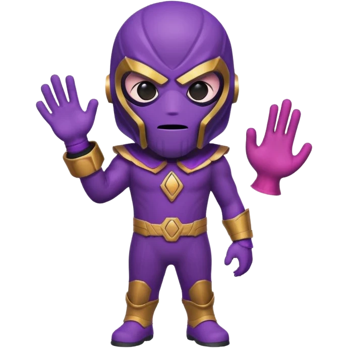 cute emoji character of Thanos wearing Squid Game guard red jumpsuit and black mask with triangle symbol, purple skin, strong jawline, Infinity Gauntlet, minimalistic, bold lines, bright colors, playful, suitable for small emoji icon emoji