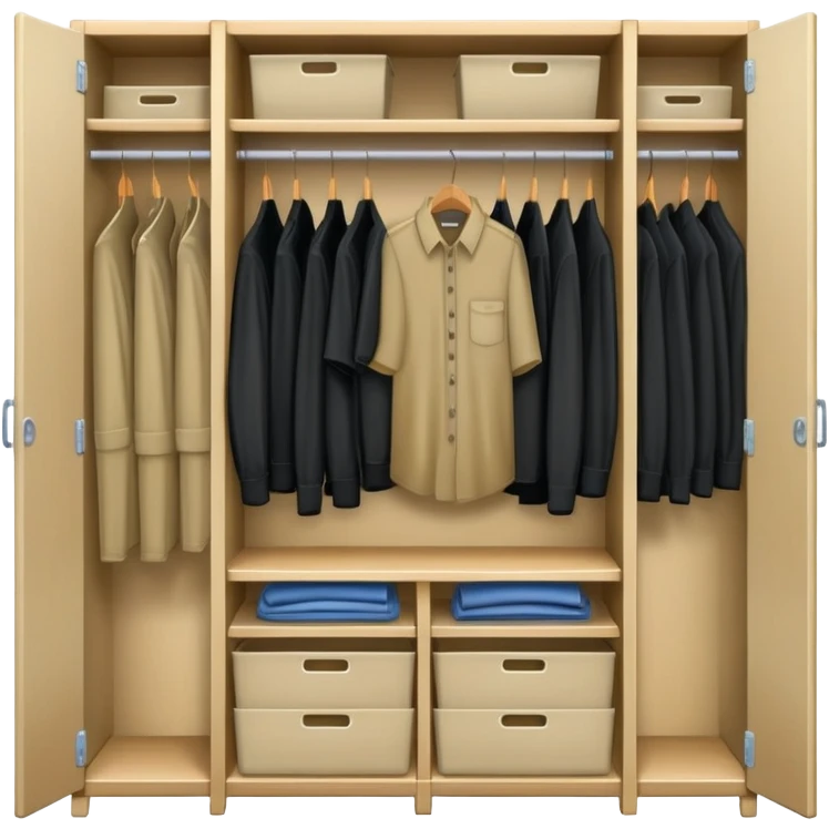 Cartoon wardrobe slightly open showing black shirts, khaki pants, overall, and work clothes neatly organized inside emoji