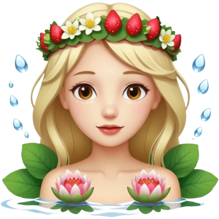 a beautiful girl mix with  watel lili and  Strawberries  being born with an nenuphar on her light hair emoji