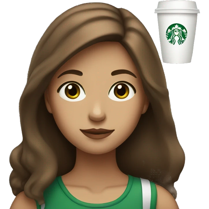 A girl with brown hair and green eyes with a Starbucks cup emoji