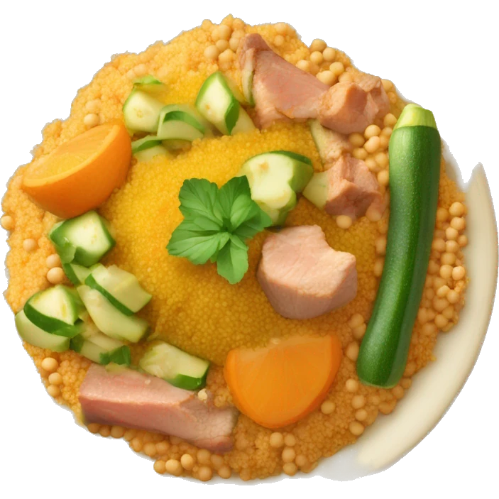 Couscous dish with orange sauce, carrots, zucchini, chickpeas and meat on top emoji