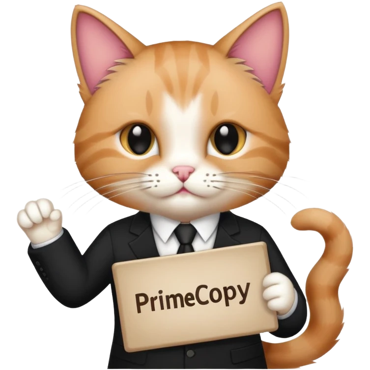 Cat in a black business suit holding a sign that says "PrimeCopy" emoji