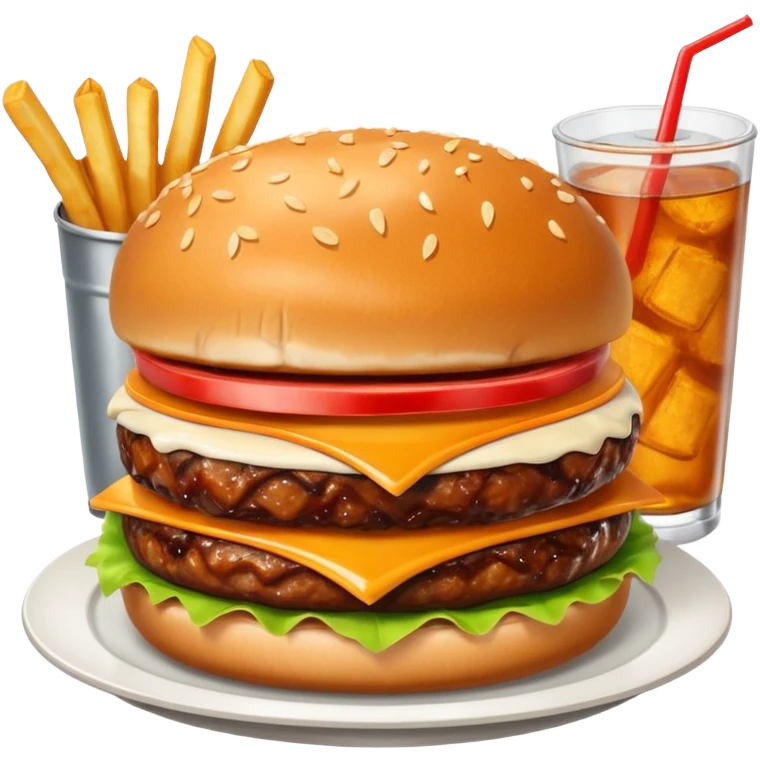 BBQ BACON BURGER, LARGE ORDER OF FRIES, ORANGE SODA WITH NO ICE, AND PIECE OF HOT APPLE PIE. emoji