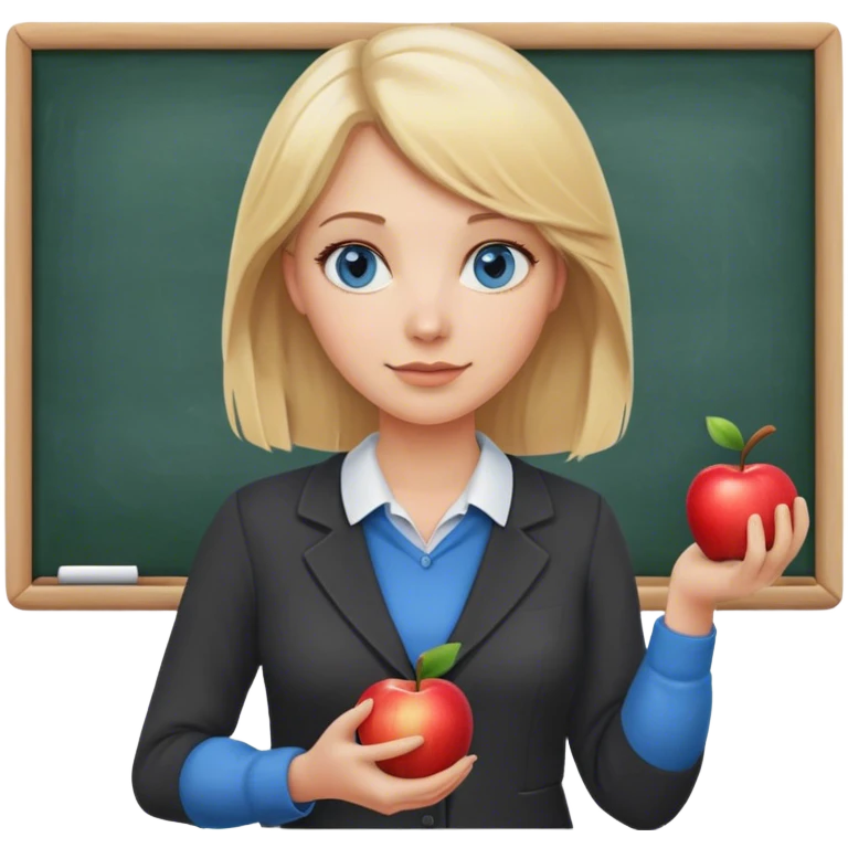 blonde hair blue eyes teacher female with apple and chalkboard emoji
