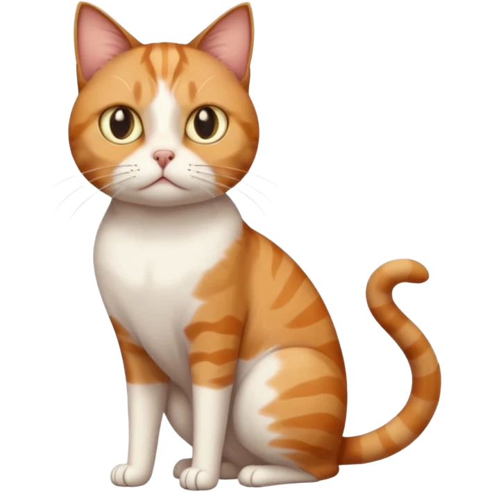 full body white, ginger and brown tabby calicio cat with skinny head and fat body with an anxious face emoji
