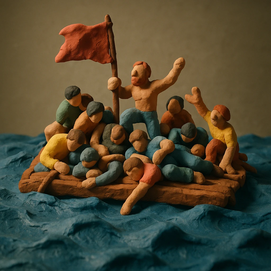 claymation style Le radeau de la Méduse, raft and people made of clay, textured sea emoji