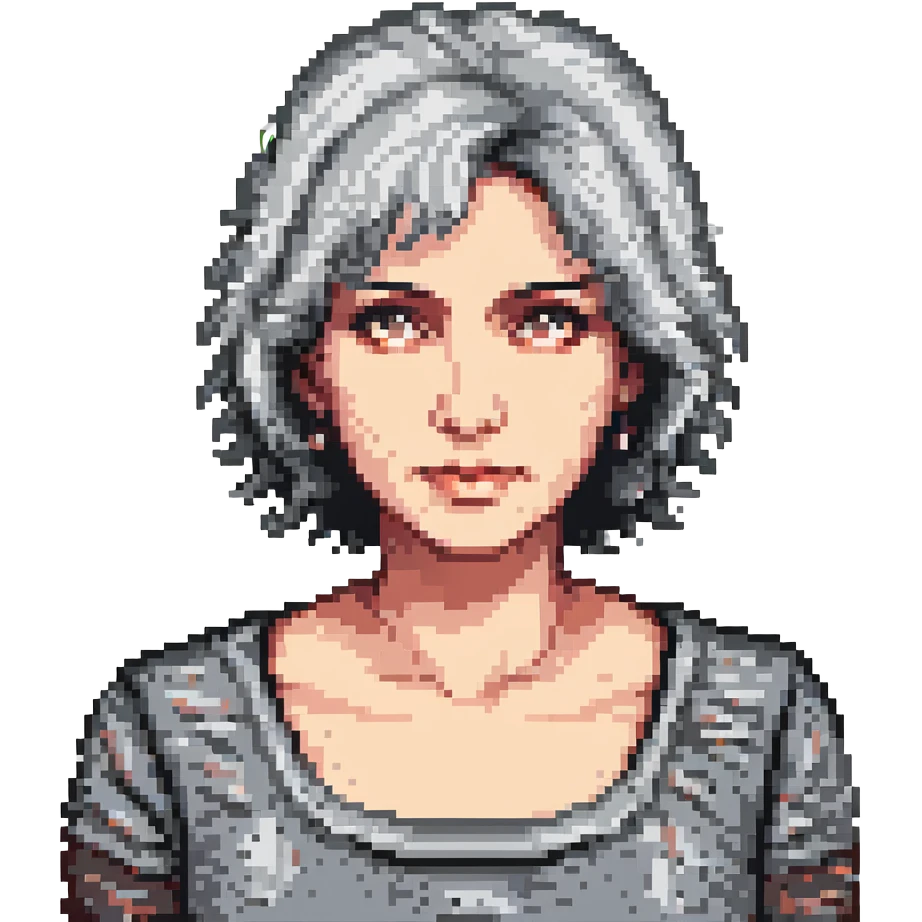close-up of a 50-year-old woman with gray and black hair, neutral expression, pixel art style emoji