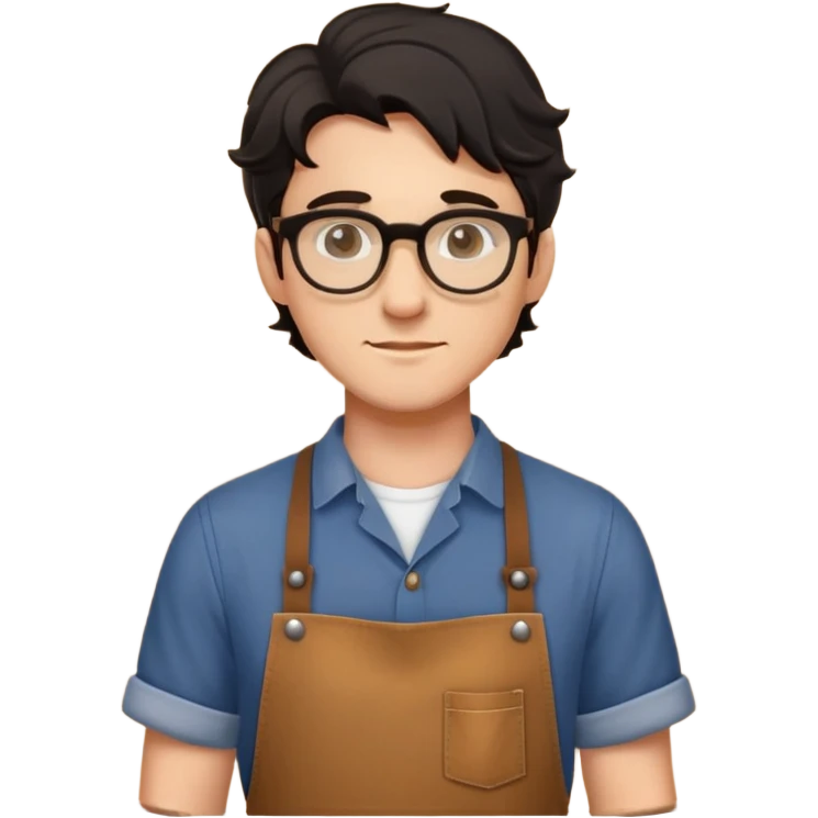 Young caucasian man with black wavy hair, round glasses, brown carpentry apron over a shirt, woodworker emoji