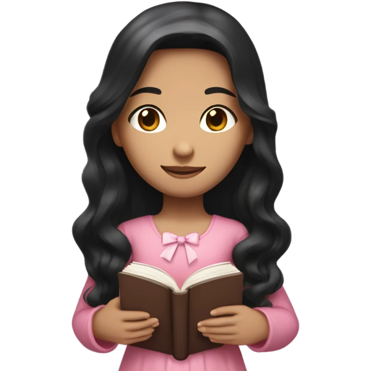 girl with long dark black hair, white skin, with Christian style, a pink dress, a bow in her hair and a pink Bible in her hand emoji