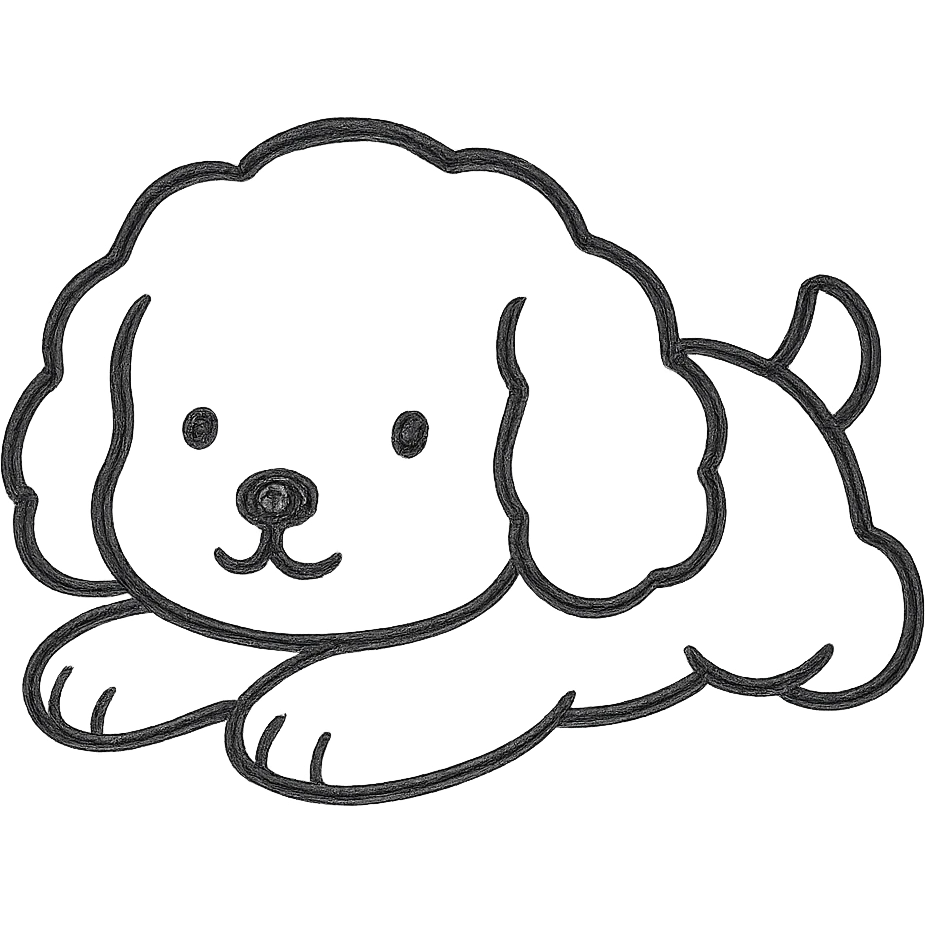 Create a sticker of a cute dog character lying on its belly, using only black outline with no white outline, on a white background, maintaining the original hand drawn style with no fill and no color. emoji