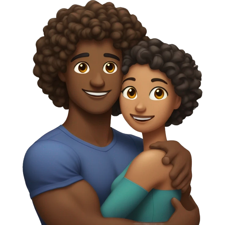 A brown skin woman with curly hair and a big butt hugging a tall muscular brown skin man with curly hair emoji