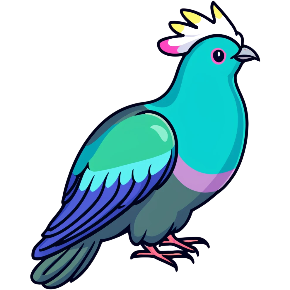 Nicobar pigeon with colorful iridescent feathers, long neck and distinctive white tail emoji