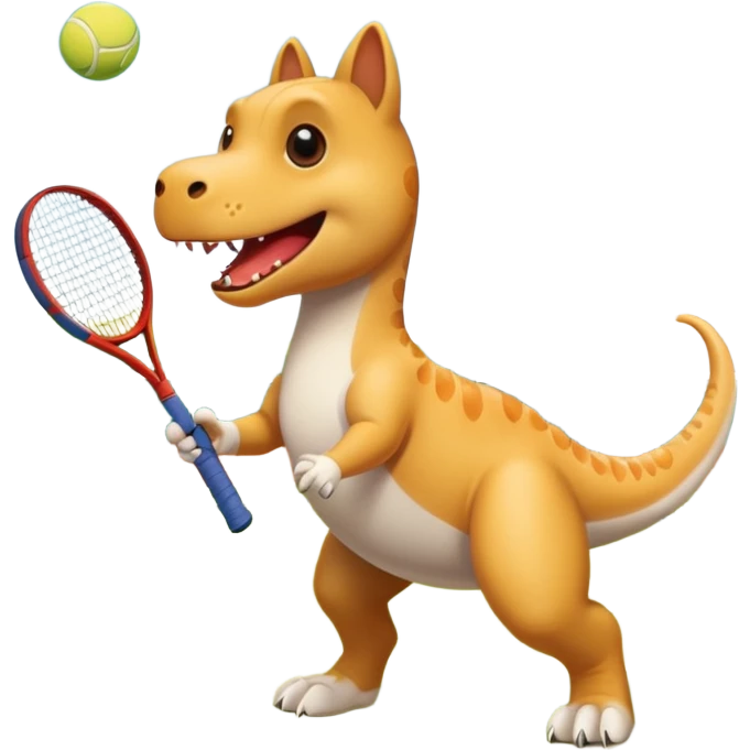 Un chien qui joue au tennis contre un dinosaure emoji