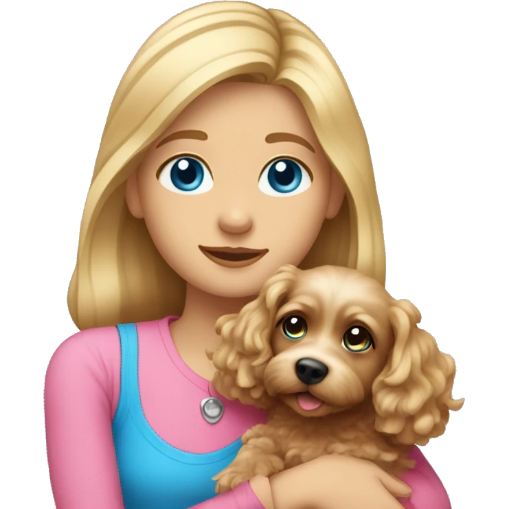 White dark blond girl with long hair and blue eyes wearing a pink shirt and hugging a cavapoo dog emoji