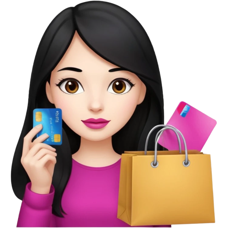 Girl with long black hair and pink lipstick, brown eyes holding shopping bags and credit card emoji