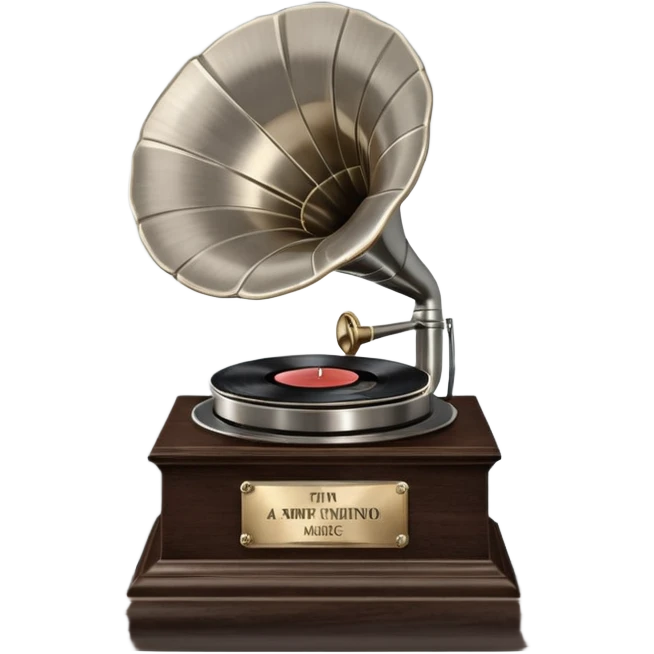 A platinum music award plaque: a square, polished platinum plate with a subtly textured, mirror-like finish, mounted on a simple dark wood base. The center features a relief of a vintage gramophone or stylized vinyl record in a slightly darker metallic tone.  emoji