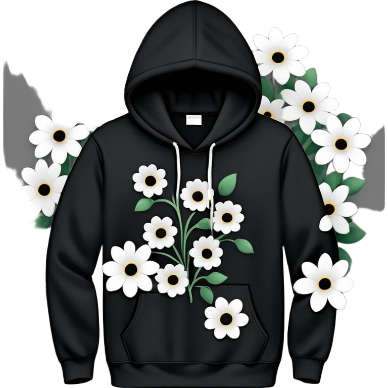 The BLACK Hoodie features a black base with distinctive white and black  open flower spots with empty space in the middle, These hollow ring-like patterns are scattered across. BLACK AND WHITE FLOWERS SPACED OUT FLOWERS, AND ONLY A FEW FLOWERS AND NO DOTS emoji