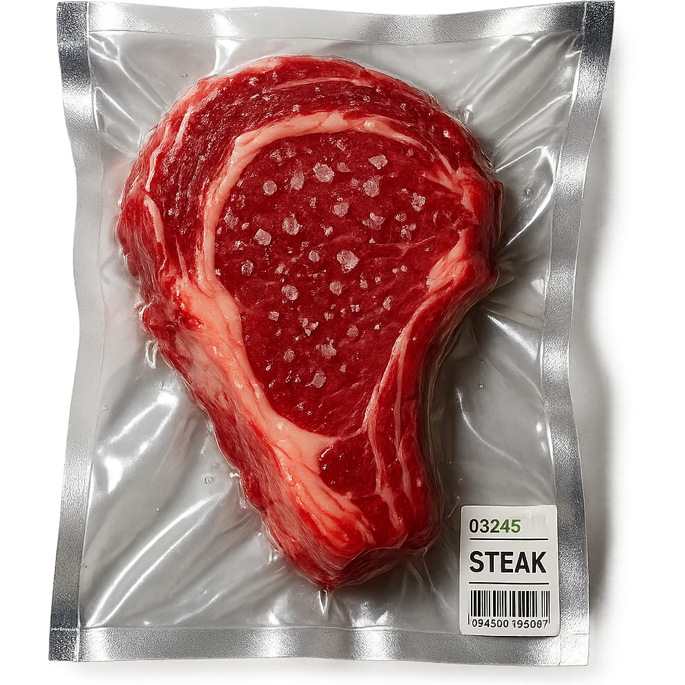 steak with small crystals on top, glossy and puffy, vacuum-sealed style emoji