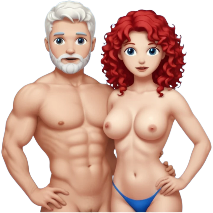 Homme nu cheveux blancs courts, yeux bleu barbe courte + femme nu gros seins rousse cheveux longs bouclés yeux bleu emoji