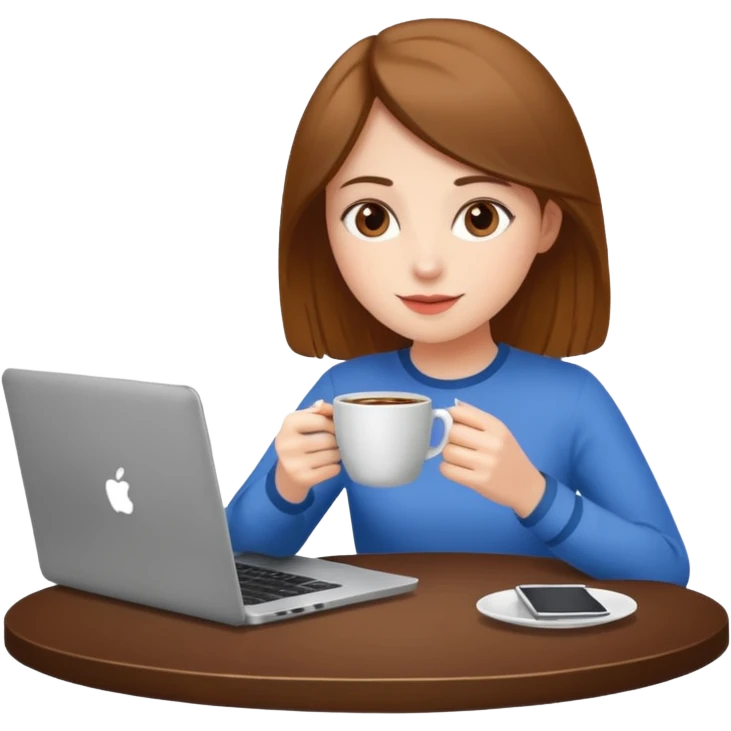 laptop and coffee are on the table. coffee is not on the laptop. the girl is drinking coffee. emoji