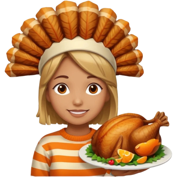 happy tan girl with an orange striped sweater and a cooked browned turkey on her head  emoji