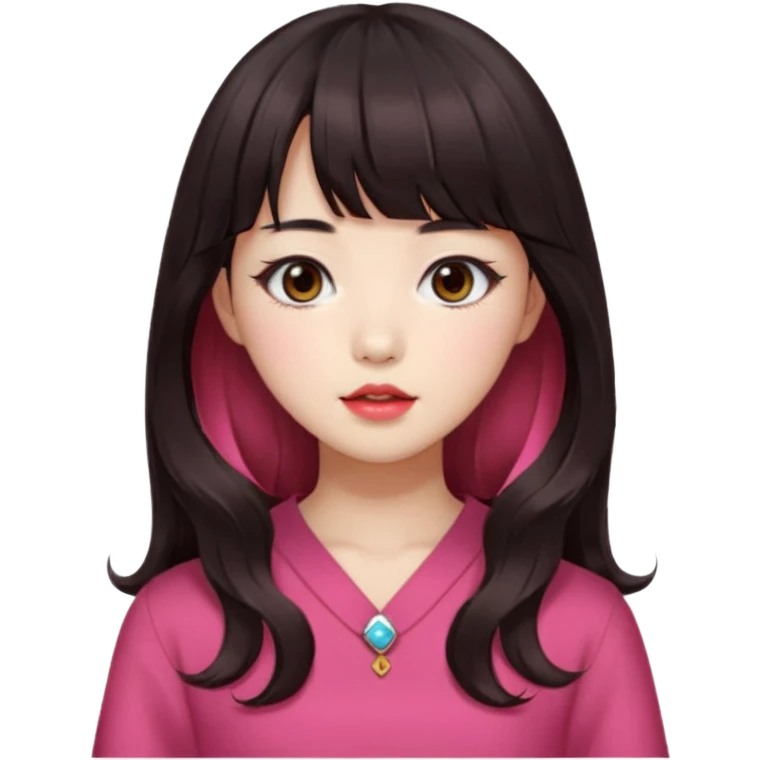 Korean girl, red top, black brown hair, brown eyes, long wavy hair, aesthetic, long hair, hime cut, blunt bangs, pink lip emoji