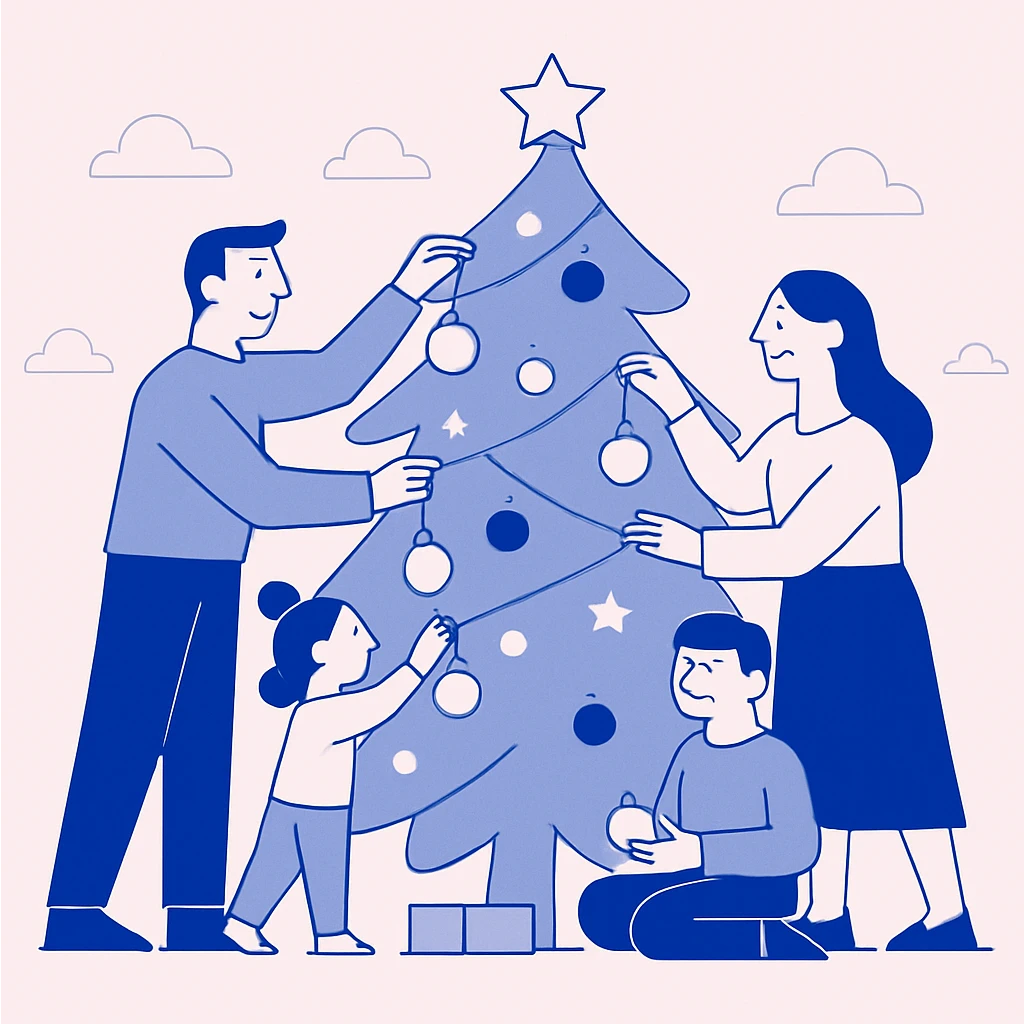 family hanging ornaments on Christmas tree emoji