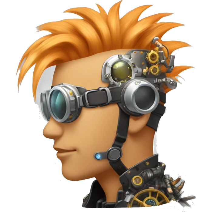 Light orange Mohawk hair male cyborg head with silver steampunk goggles and circuits emoji