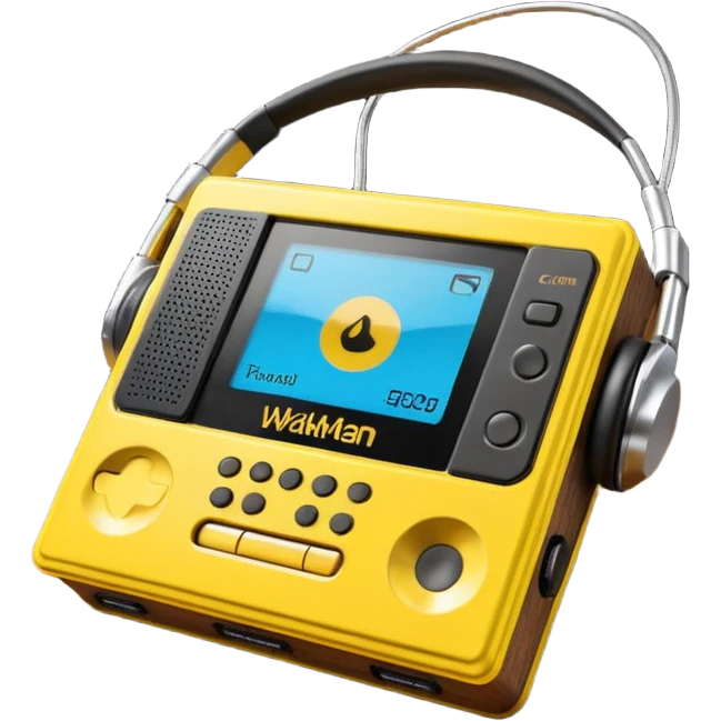 3D render of Walkman, vintage 1980s audio equipment aesthetic, tactile analog buttons, bright sports yellow plastic case with black foam headphones, mixed wood grain and brushed aluminum textures, Apple emoji style, isolated on white background --v 6.0 emoji